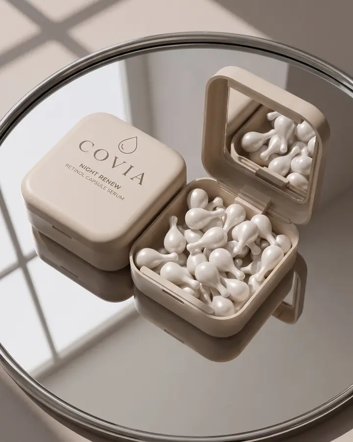 거울 트레이 위에 열어 둔 COVIA 나이트 리뉴 케이스와 캡슐